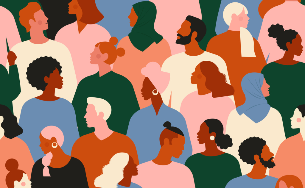 Diversity.jpg People of different genders and ethnicities in an illustrated crowd