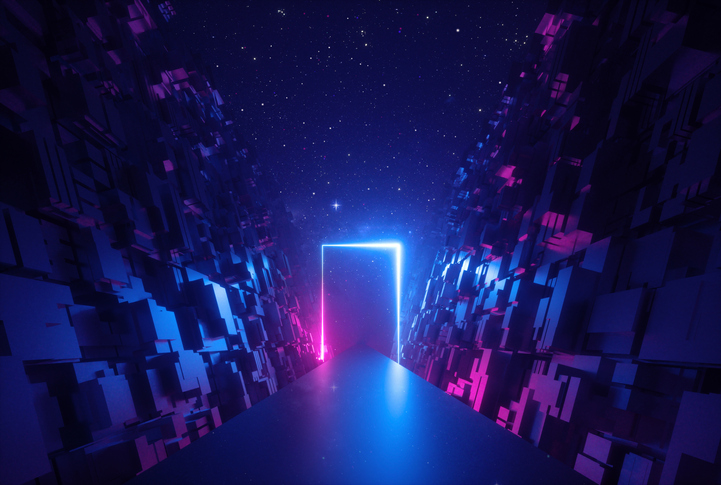 3d abstract neon background, glowing rectangular frame in cyber space, fantastic scene in virtual reality, road between walls of blocks under the night sky digital barrier door
