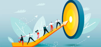 Illustration of individuals climbing a yellow arrow to reach a yellow and blue target