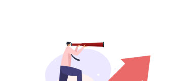 Illustration of businessperson on three increasing arrows.