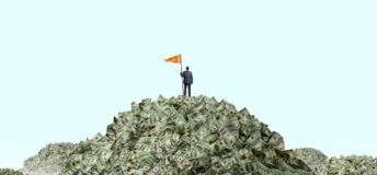 Illustration of person standing on a mountain of money.