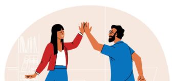 Illustration of man and woman giving each other a high five.
