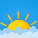 Illustration of sun rising above clouds.